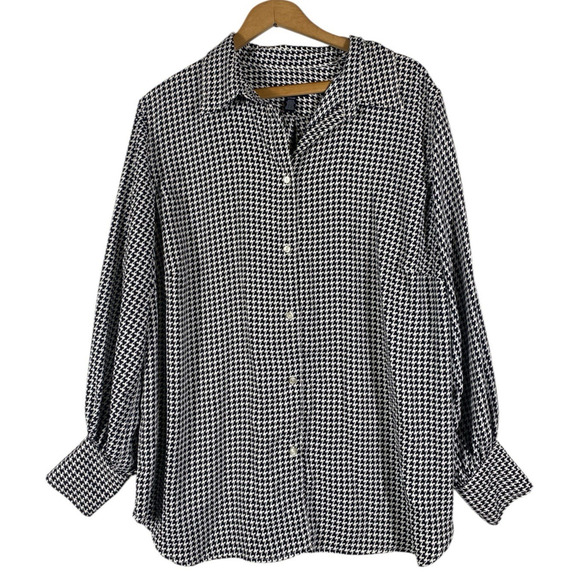 Chaps Ralph Lauren Top Size 1X Houndstooth Blouse Button Up Satin-y Old Money - Picture 2 of 11
